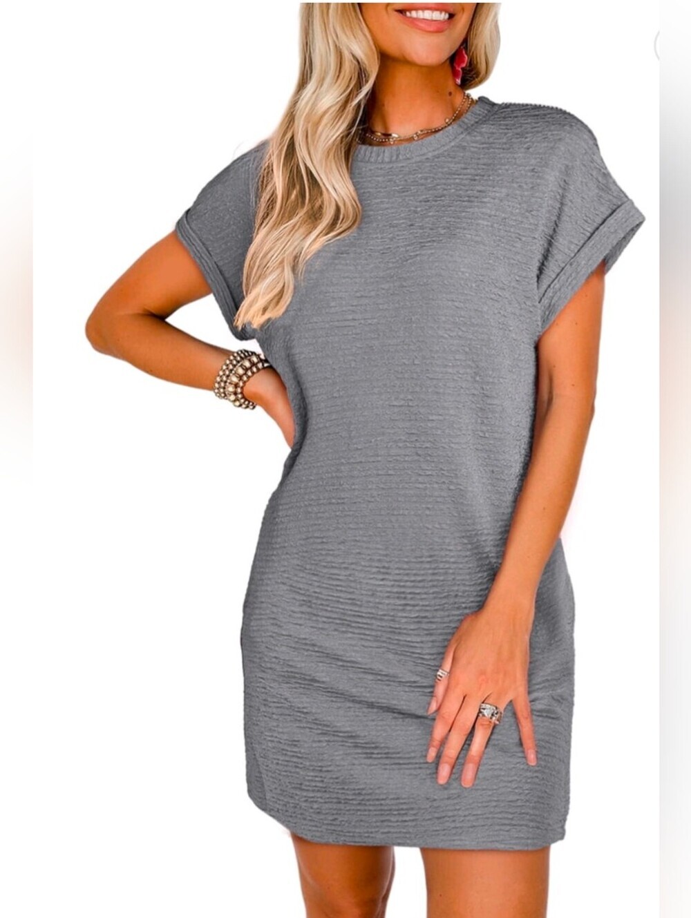 Casual Ribbed Short Sleeve Midi Dress in Gray